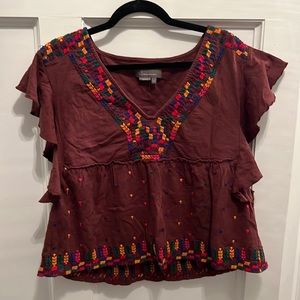 Anthropologie Brown Blouse with Colorful Embroidery